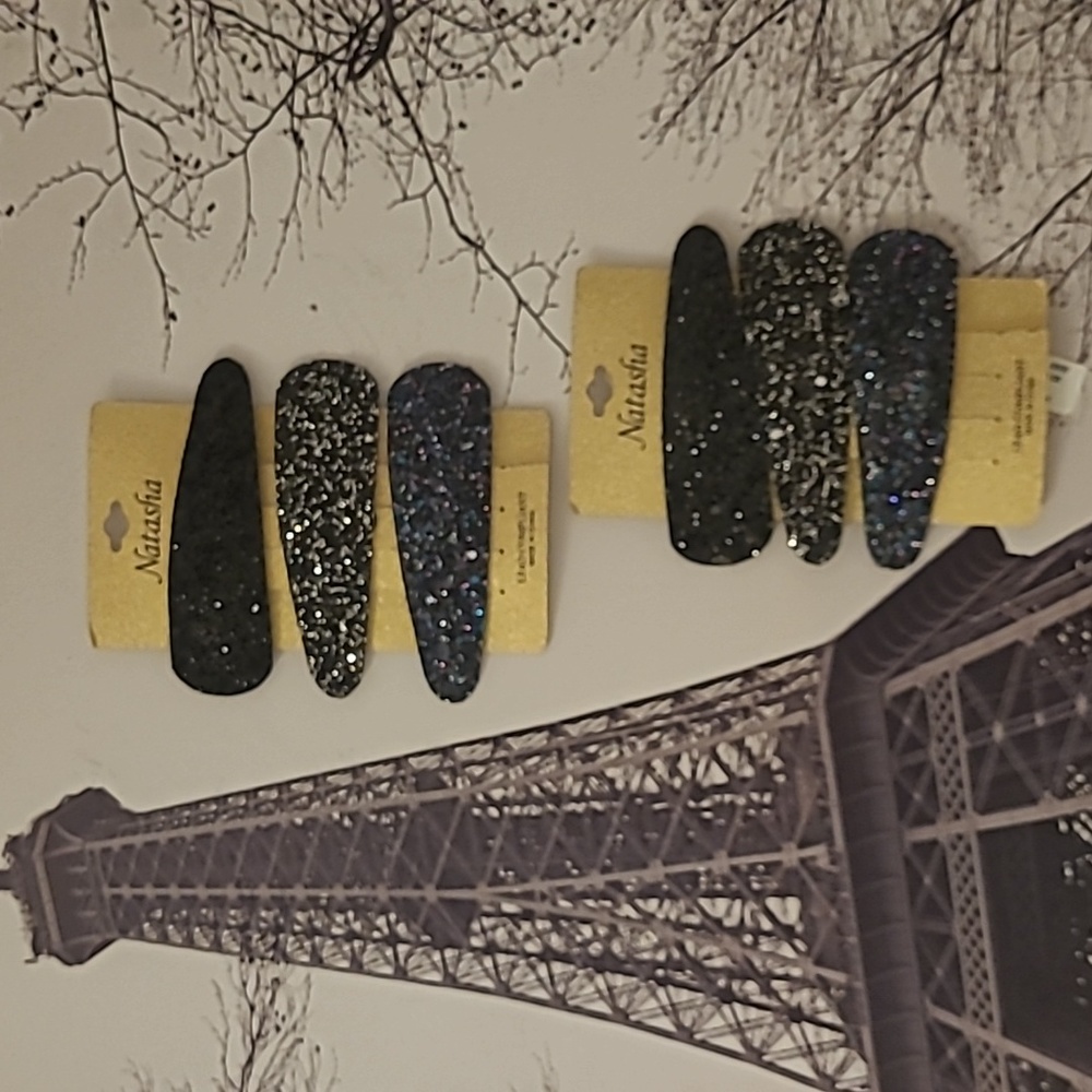 Natasha Large Black Shimmer Barrettes (2 sets of 3), New